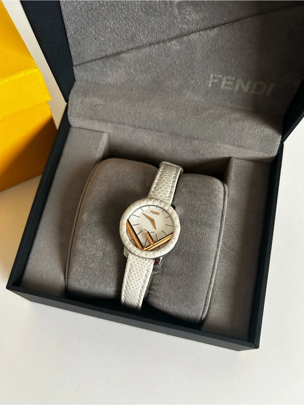 Fendi Silver Leather Strap Ladies Watch with Gold-Tone Bezel
